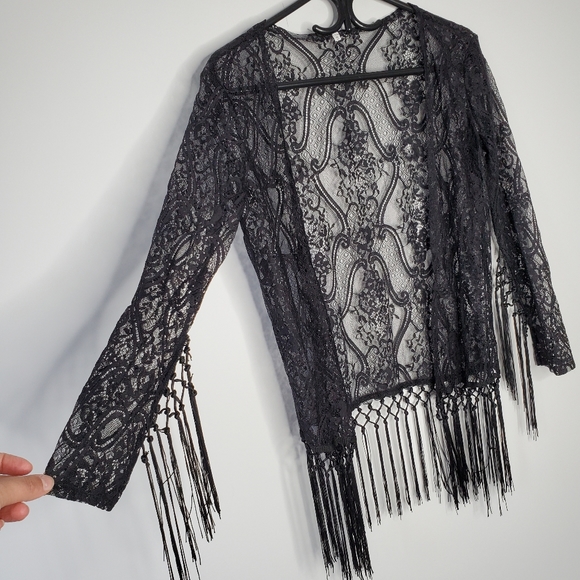 Vintage Sweaters - Vintage black lace open front cardigan with fringe